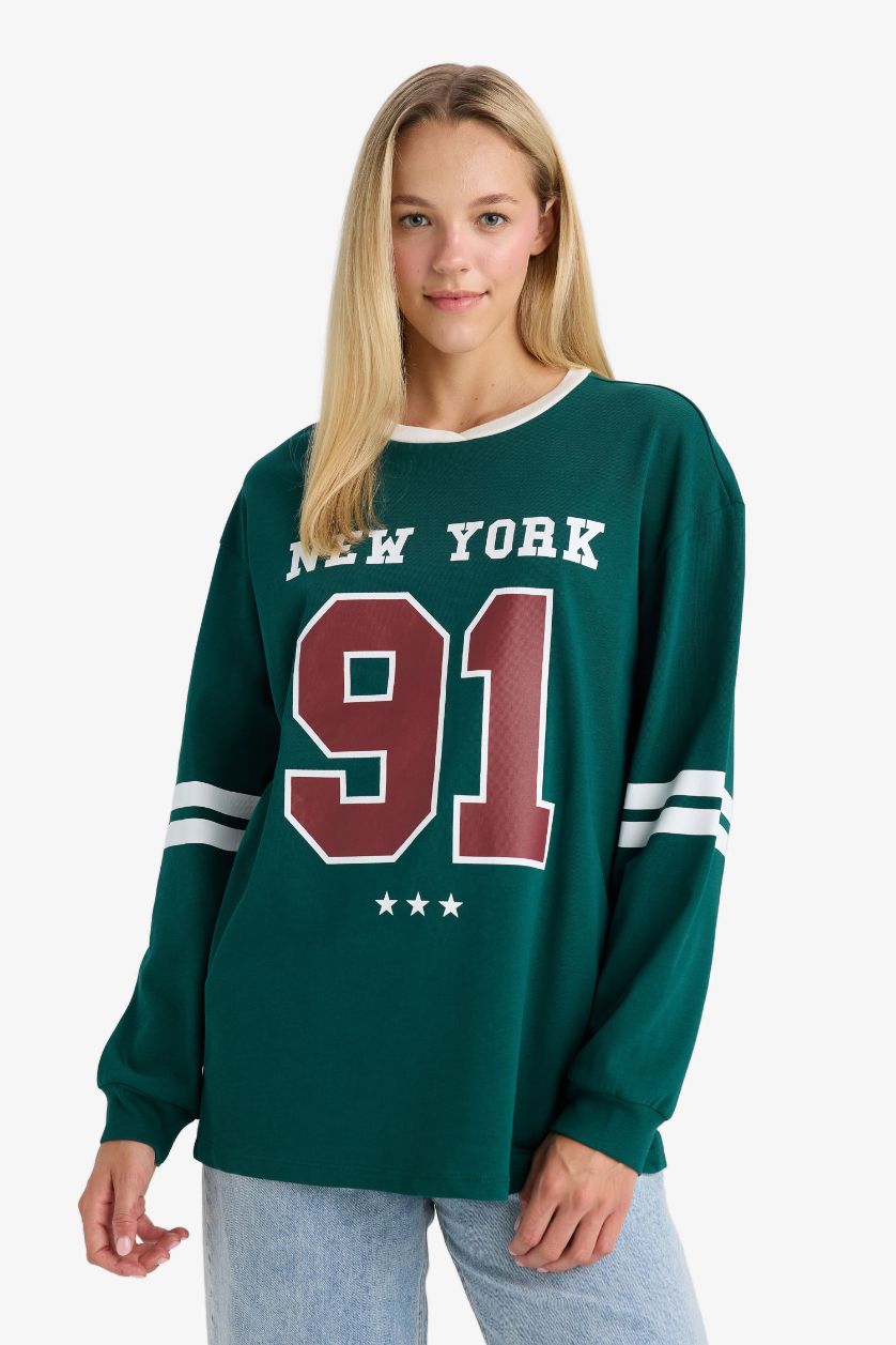 Kadın Yeşil %100 Pamuk Loose Fıt Sırt Baskılı Sweatshirt