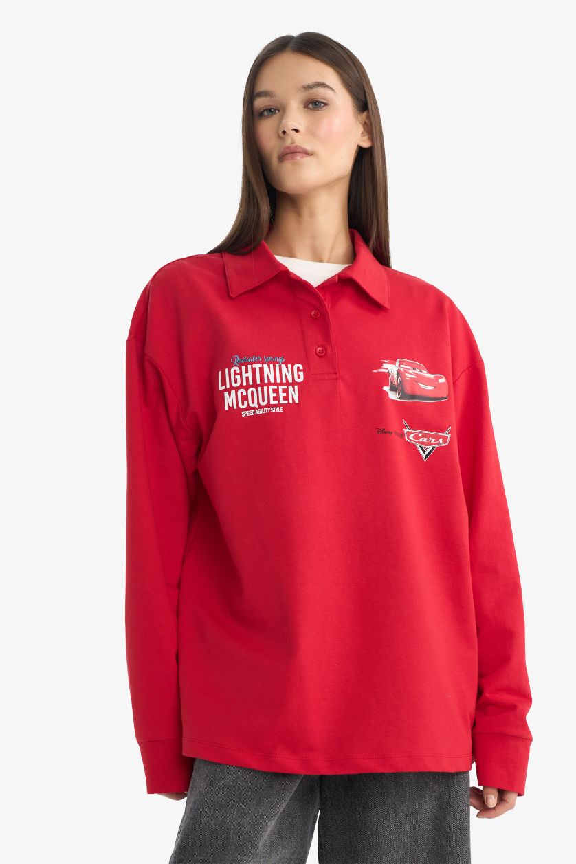 Женщины Красный Оверсайз толстовка Cars с широким кроем и печатью на спине, с поло воротником
