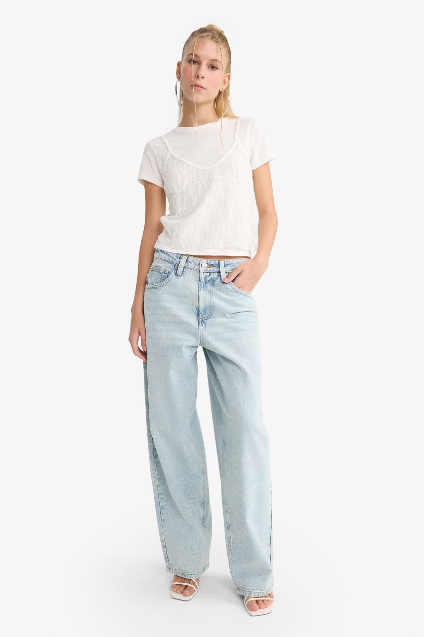 نساء أبيض تيشيرت نص كم قصة عادية بالدانتيل