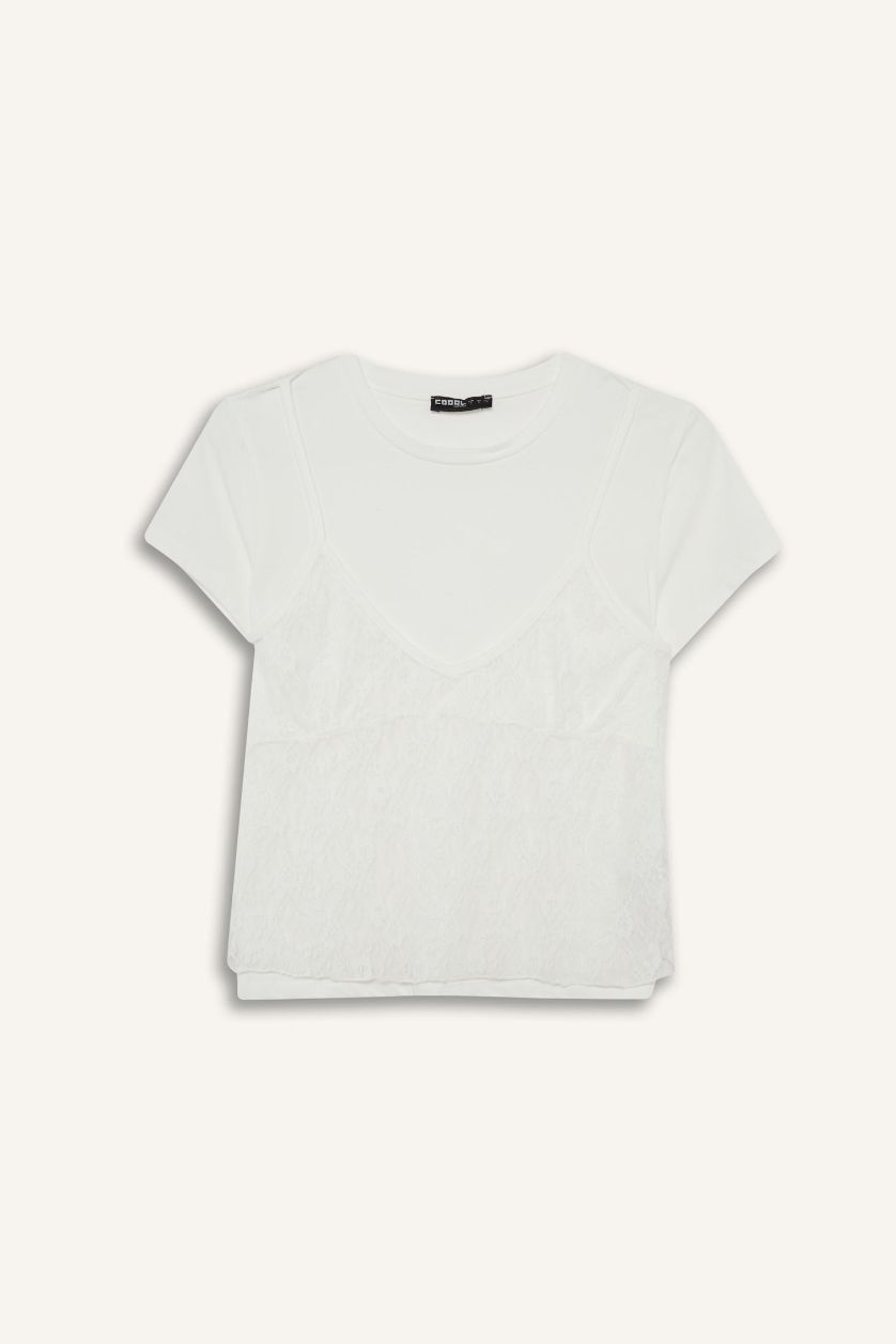 نساء أبيض تيشيرت نص كم قصة عادية بالدانتيل