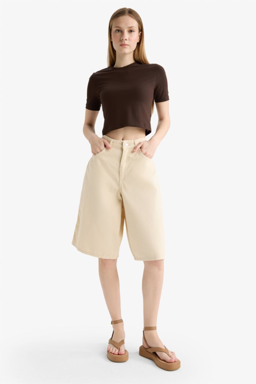 Kadın Açık Kahve Fitted Crop Basic Düz Kısa Kollu Tişört