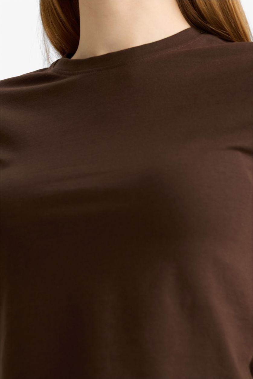 Kadın Açık Kahve Fitted Crop Basic Düz Kısa Kollu Tişört