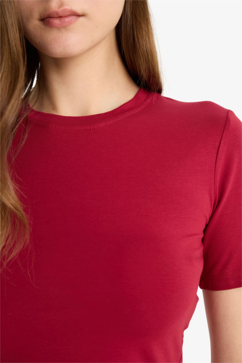 Kadın Koyu Bordo Fitted Crop Basic Düz Kısa Kollu Tişört