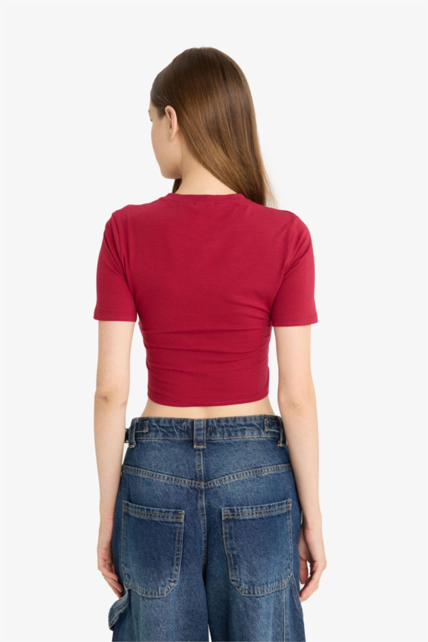 Kadın Koyu Bordo Fitted Crop Basic Düz Kısa Kollu Tişört