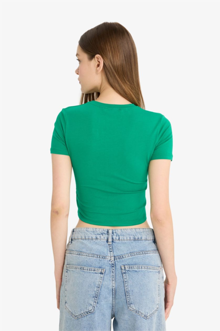Kadın Yeşil Fitted Crop Basic Düz Kısa Kollu Tişört