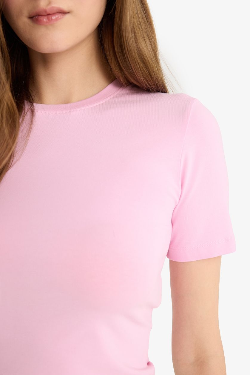 Kadın Pembe Fitted Crop Basic Düz Kısa Kollu Tişört