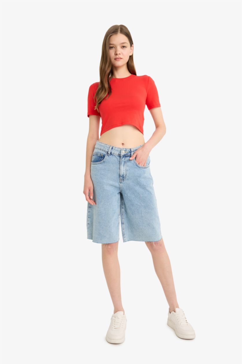 Kadın Kırmızı Fitted Crop Basic Düz Kırmızı Kısa Kollu Tişört