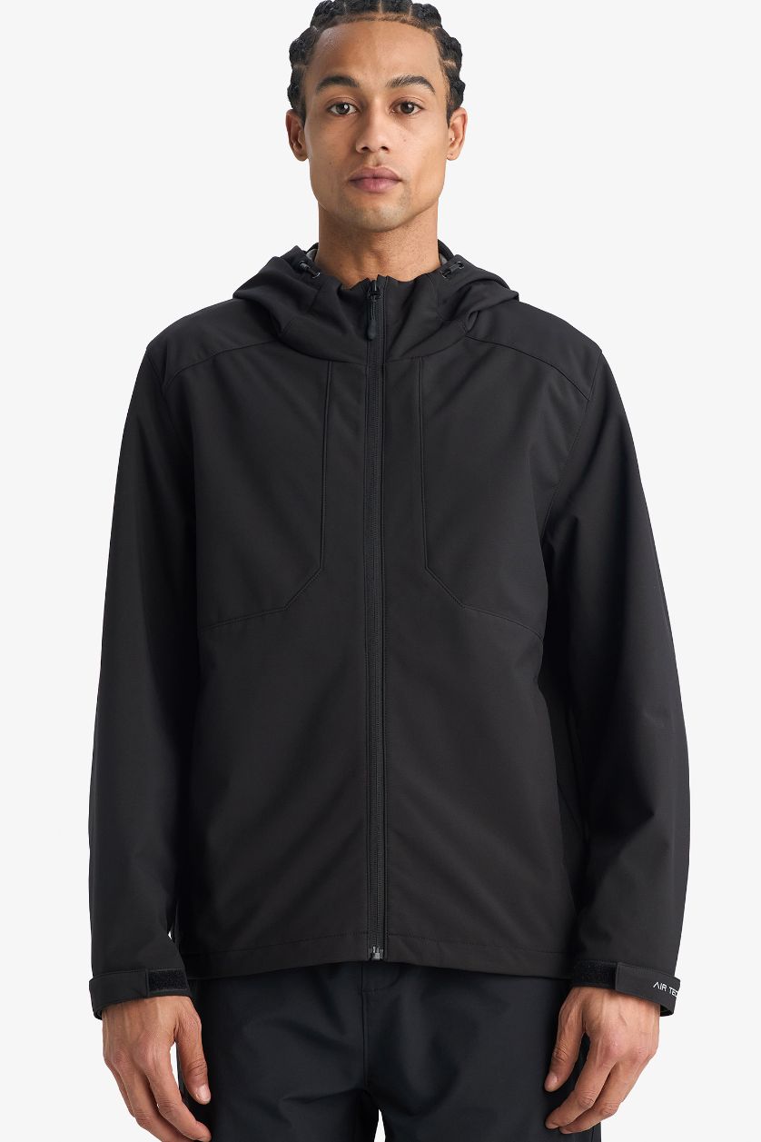 Man Black Regular Fit Hooded Windproof Waterproof Jacket