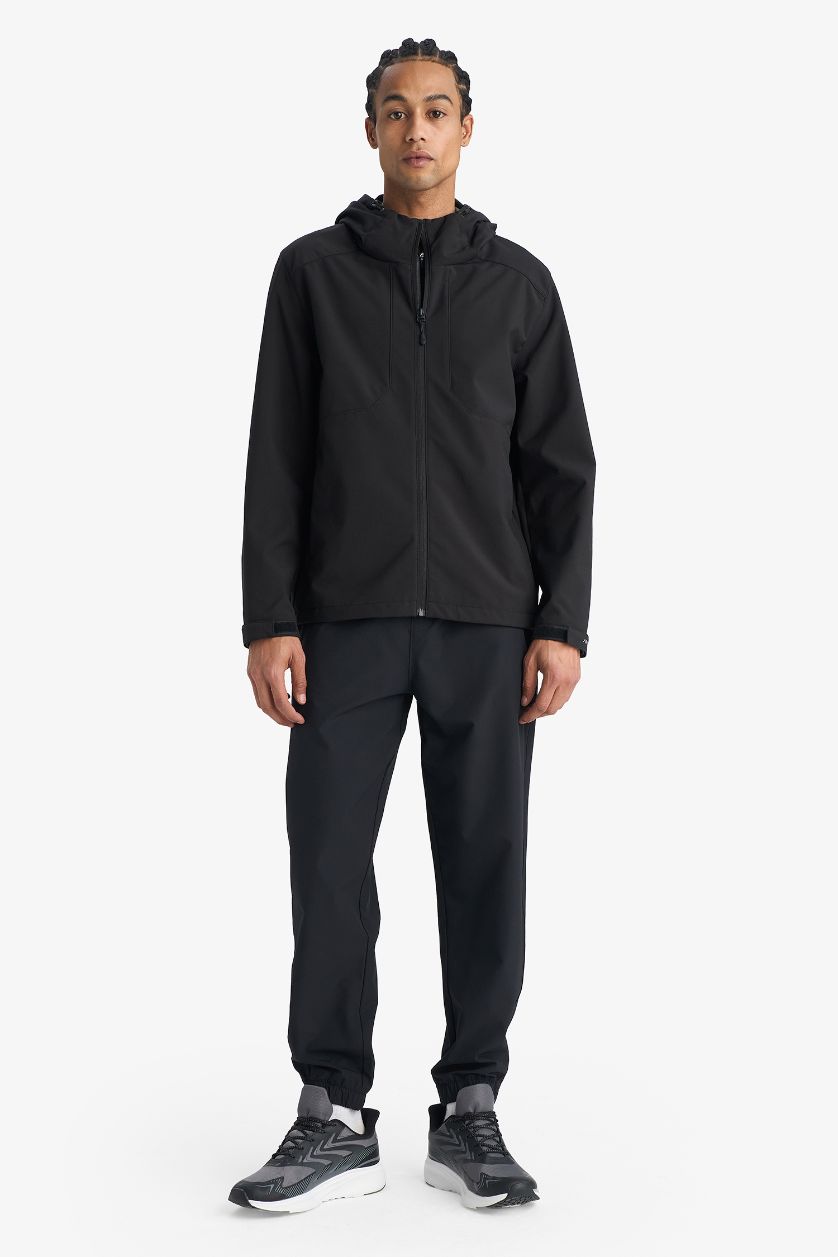 Man Black Regular Fit Hooded Windproof Waterproof Jacket