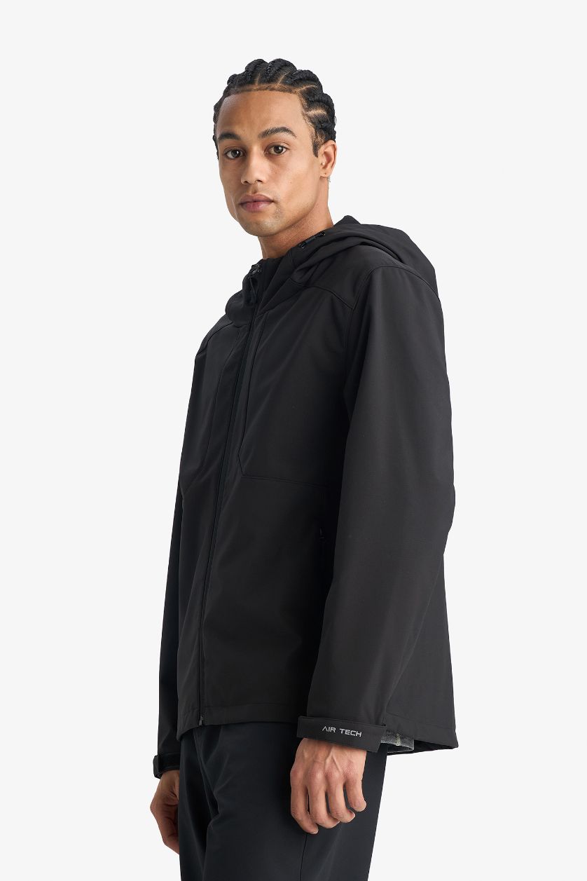 Man Black Regular Fit Hooded Windproof Waterproof Jacket