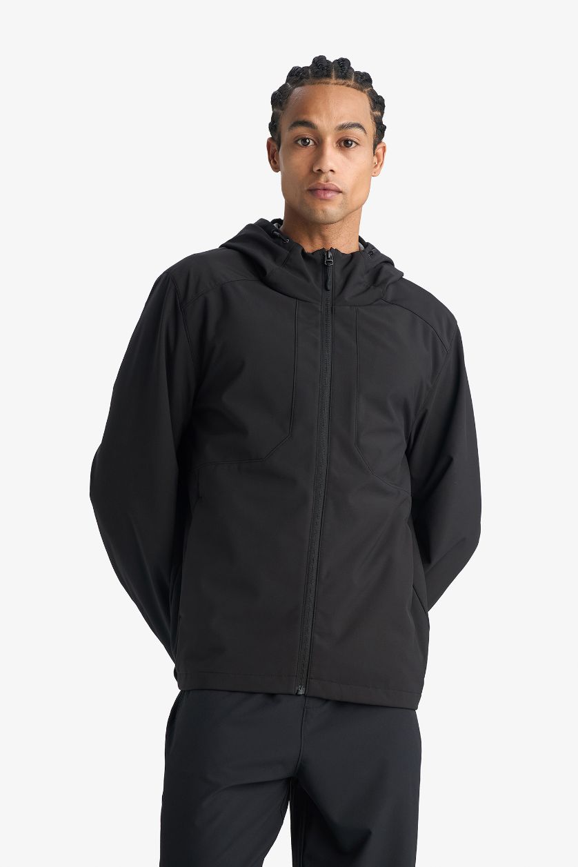 Man Black Regular Fit Hooded Windproof Waterproof Jacket