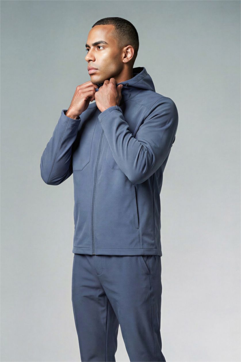 Erkek İndigo 	Rüzgar Geçirmez Su İtici 	 Regular Fıt Kapüşonlu Fermuarlı Mont