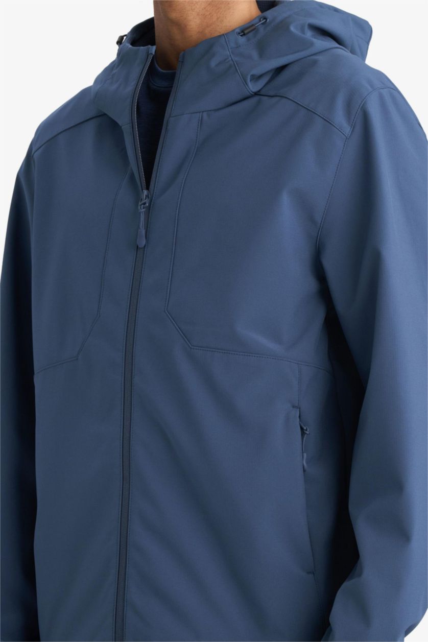 Erkek İndigo 	Rüzgar Geçirmez Su İtici 	 Regular Fıt Kapüşonlu Fermuarlı Mont