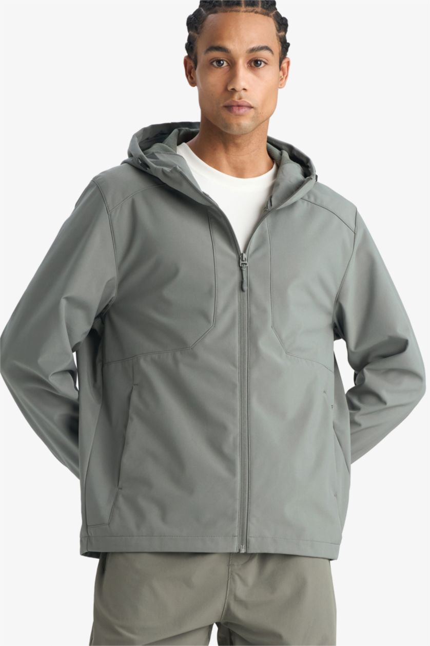 Erkek Açık Haki 	Rüzgar Geçirmez Su İtici 	 Regular Fıt Kapüşonlu Fermuarlı Mont