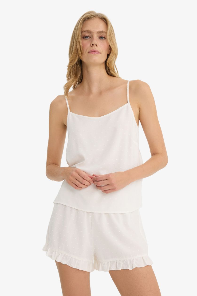 Kadın Ekru Pijama Takımı Regular Fit Askılı Vual Üst Şort