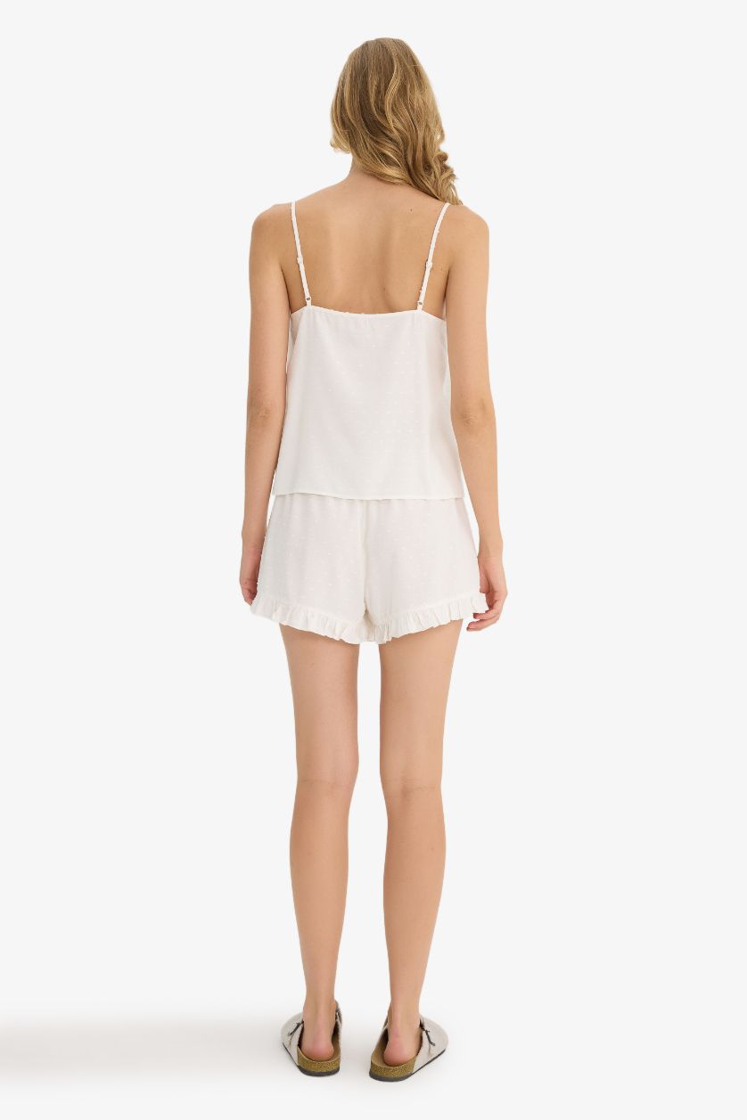 Kadın Ekru Pijama Takımı Regular Fit Askılı Vual Üst Şort