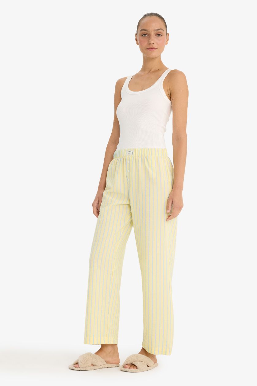 Kadın Açık Sarı Regular Fit Gofre Dokulu Çizgili Pijama Altı