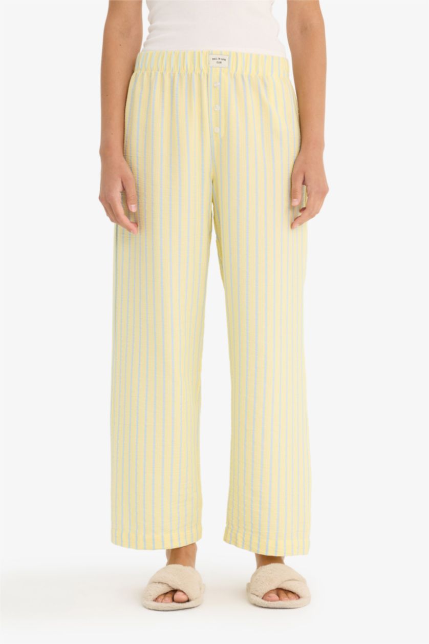 Kadın Açık Sarı Regular Fit Gofre Dokulu Çizgili Pijama Altı