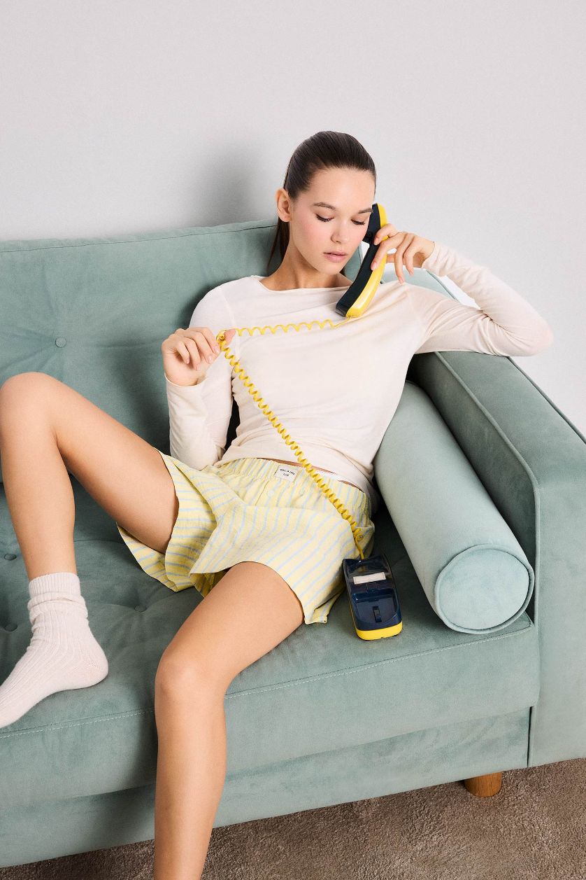 Kadın Açık Sarı Regular Fit Gofre Dokulu Çizgili Şort Pijama Altı