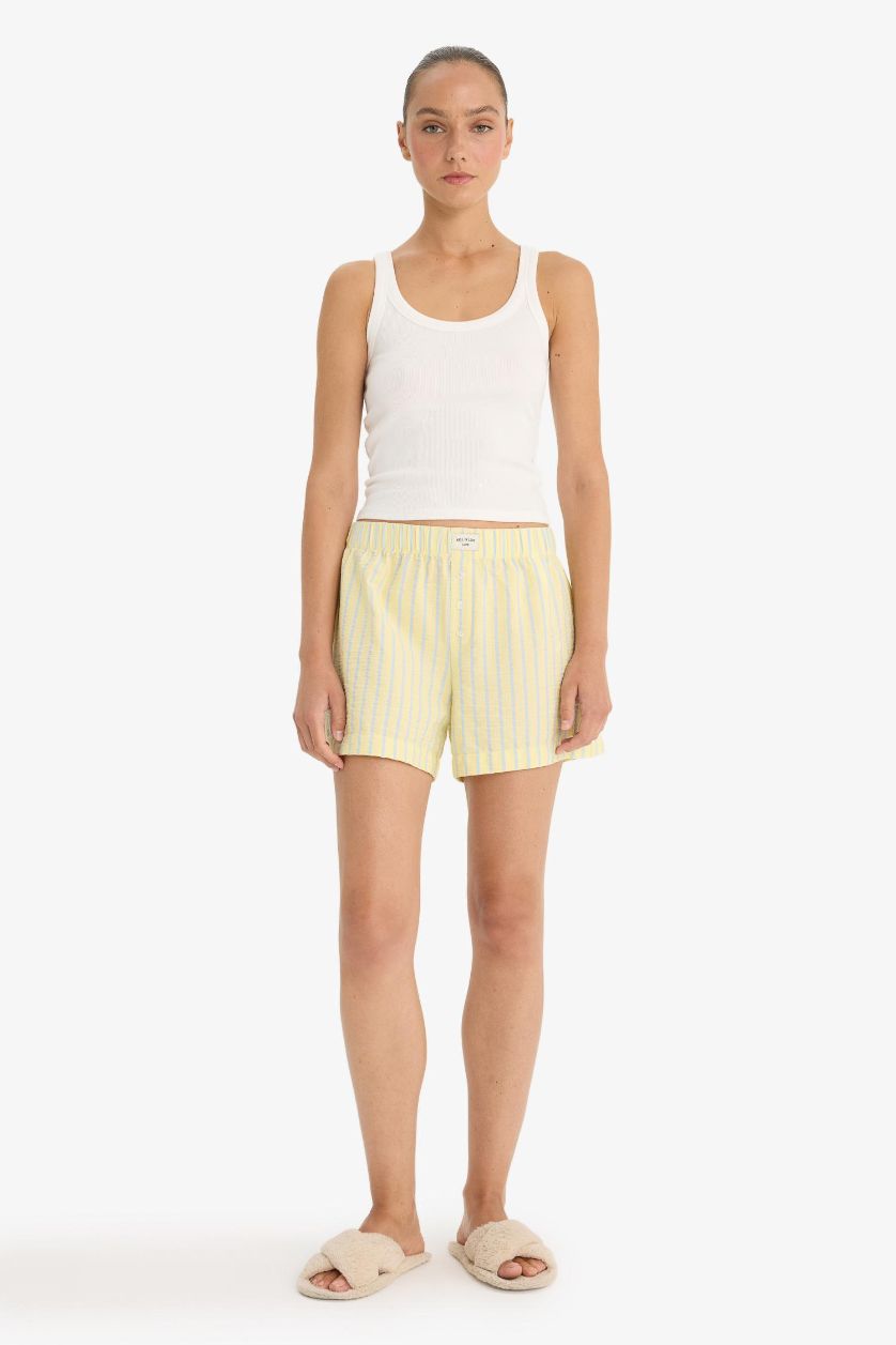 Kadın Açık Sarı Regular Fit Gofre Dokulu Çizgili Şort Pijama Altı