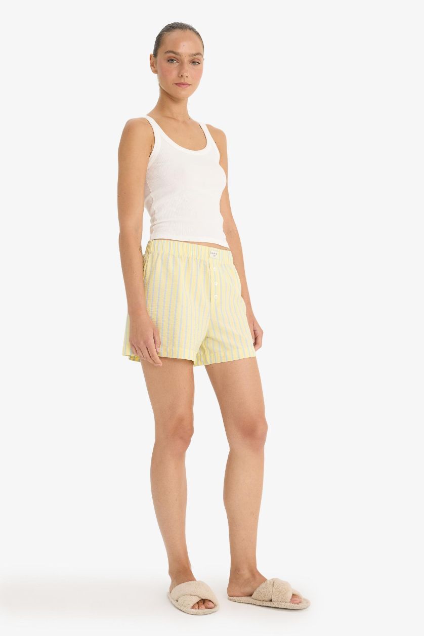 Kadın Açık Sarı Regular Fit Gofre Dokulu Çizgili Şort Pijama Altı