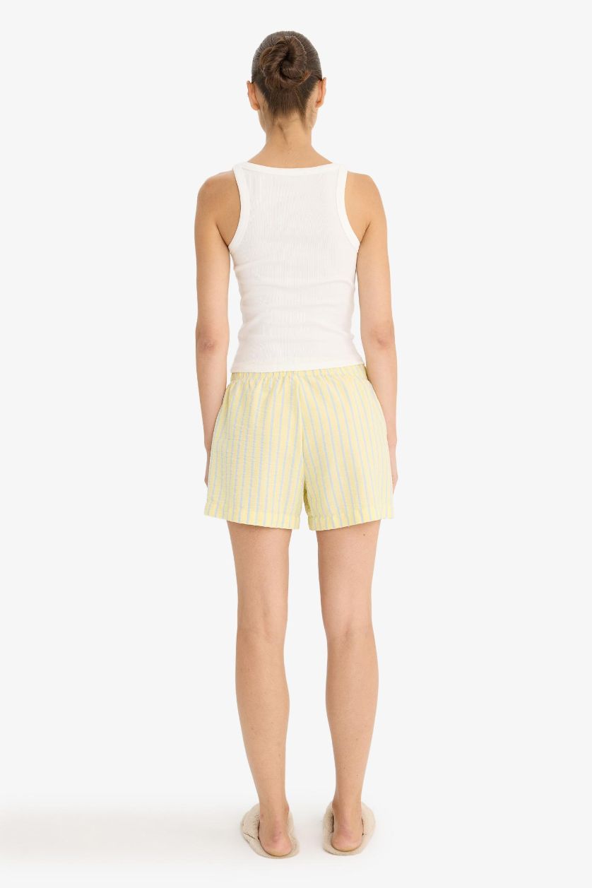 Kadın Açık Sarı Regular Fit Gofre Dokulu Çizgili Şort Pijama Altı