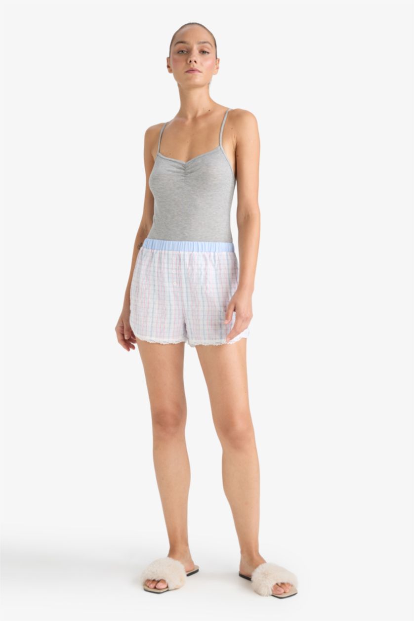 Kadın Açık Mavi Regular Fit Gofre Dokulu Çizgili Şort Pijama Altı