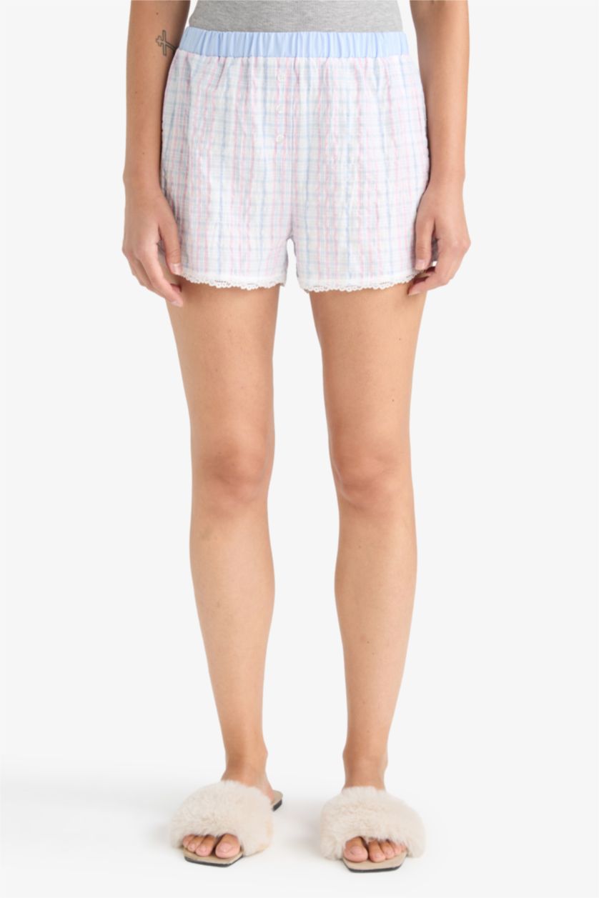 Kadın Açık Mavi Regular Fit Gofre Dokulu Çizgili Şort Pijama Altı