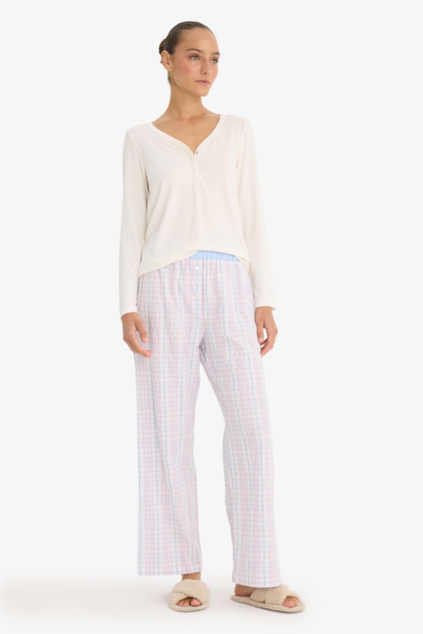 Kadın Açık Mavi Regular Fit Uzun Boy Gofre Dokulu Pijama Altı