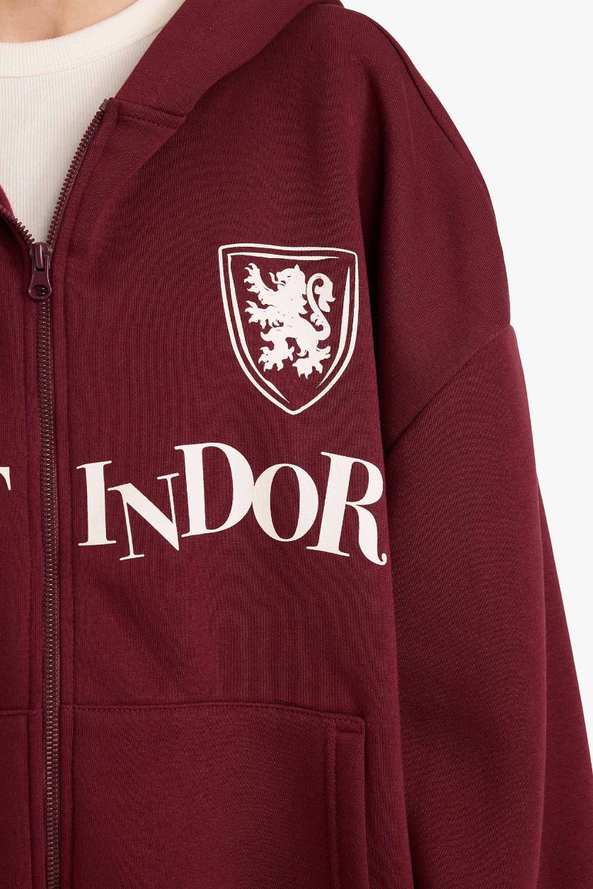 نساء خمري سترة مطبوع قماش سميك اوفر سايز بغطاء للرأس