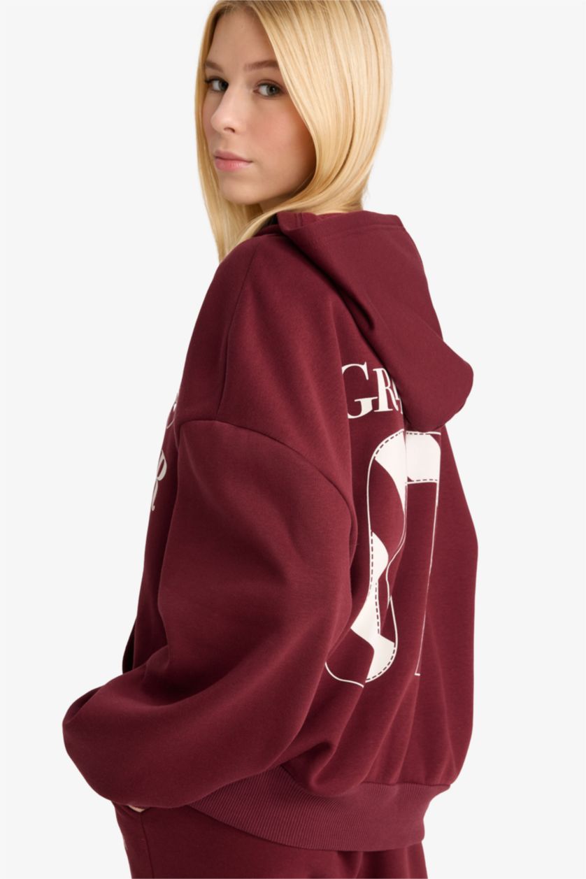 نساء خمري سترة مطبوع قماش سميك اوفر سايز بغطاء للرأس