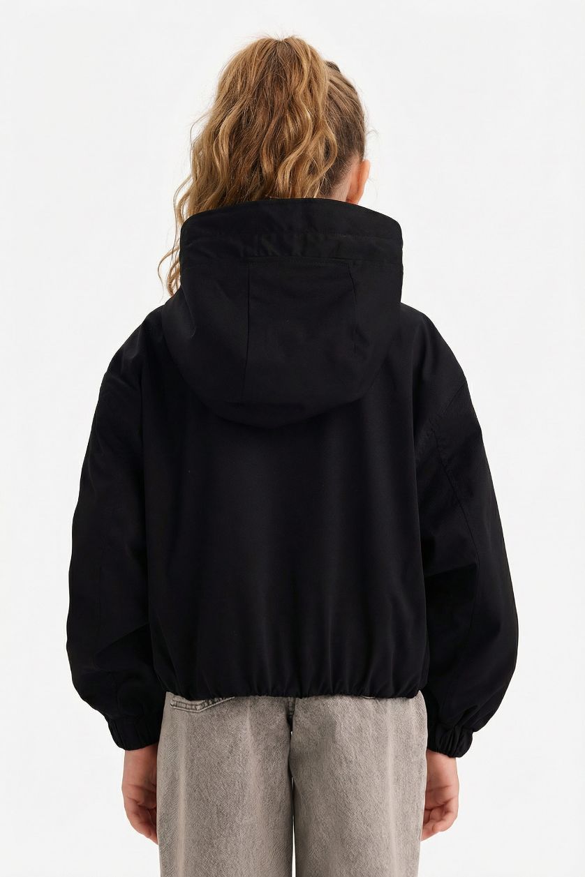 Kız Çocuk - Genç Kız Siyah Kapüşonlu Yağmurluk Kız Çocuk