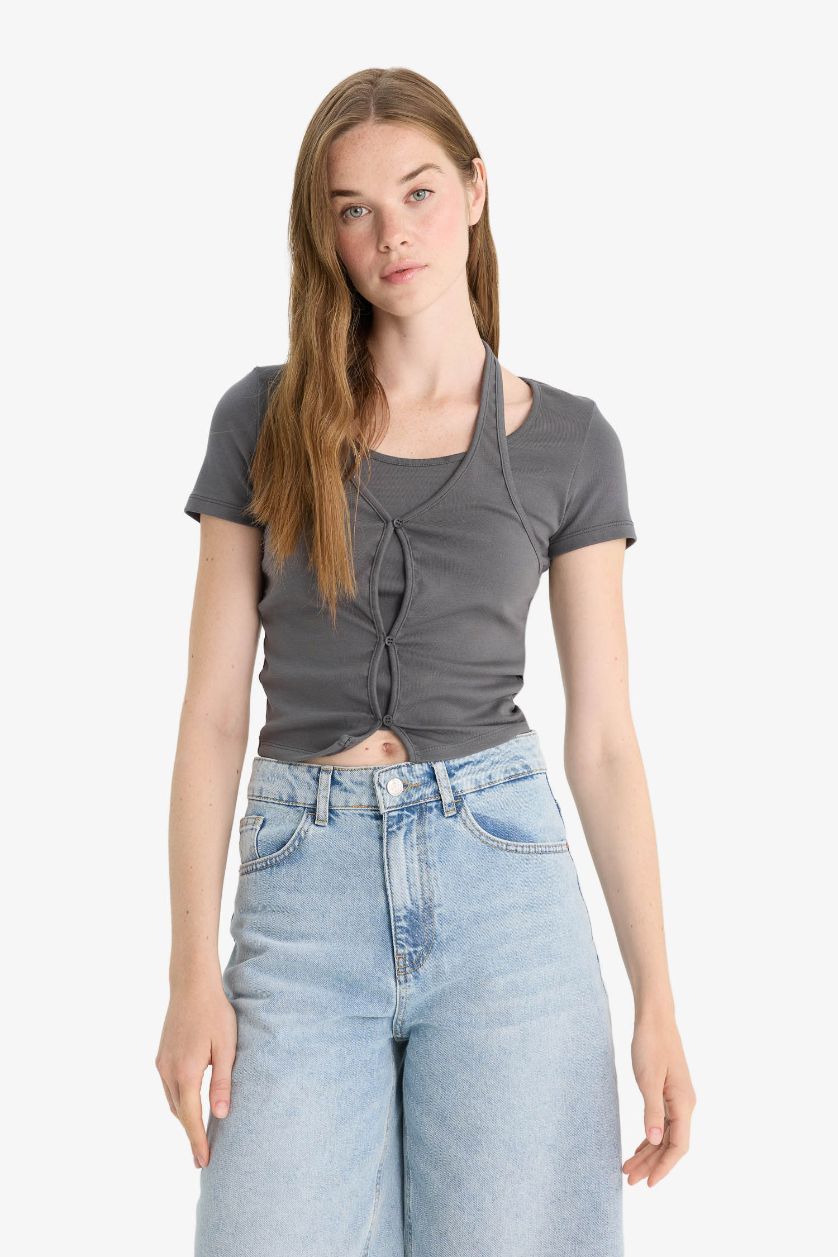 Kadın Antrasit Halter Yaka Ribana Kısa Kollu Tişört