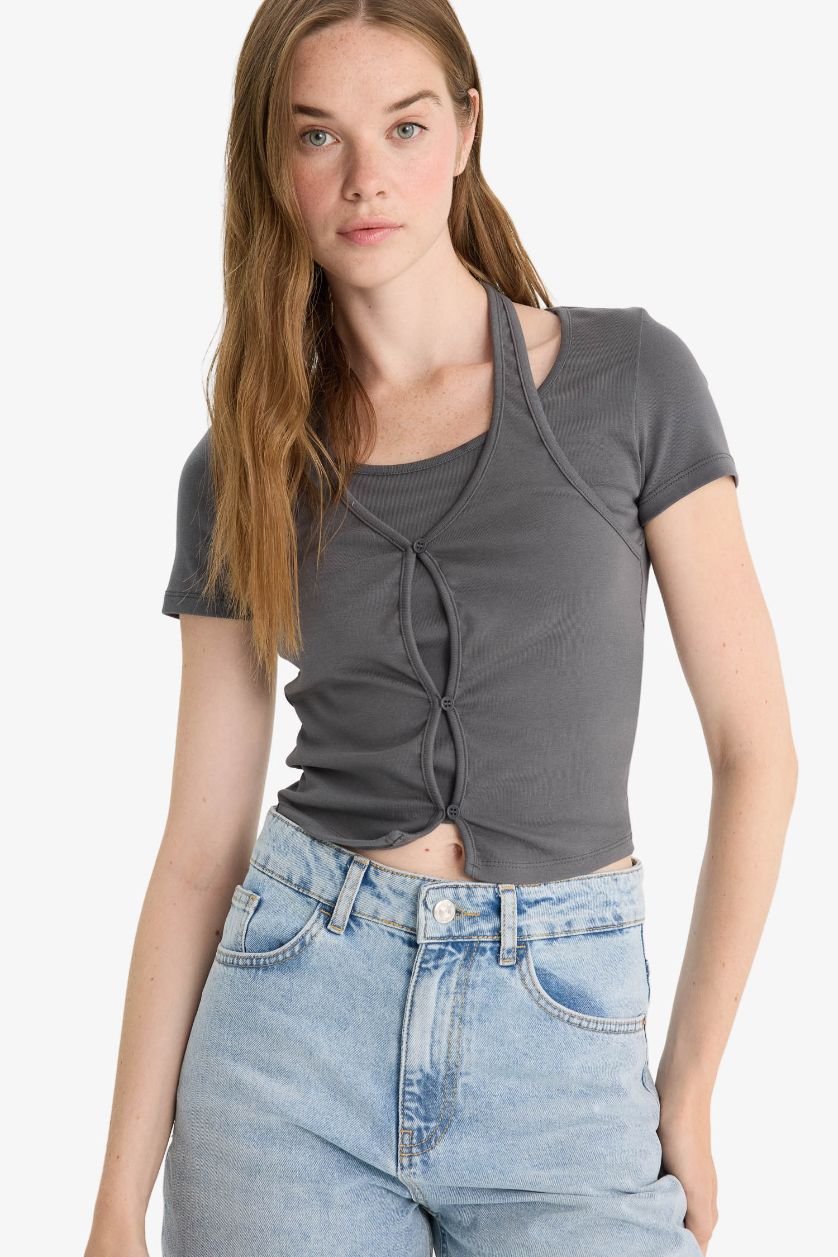 Kadın Antrasit Halter Yaka Ribana Kısa Kollu Tişört
