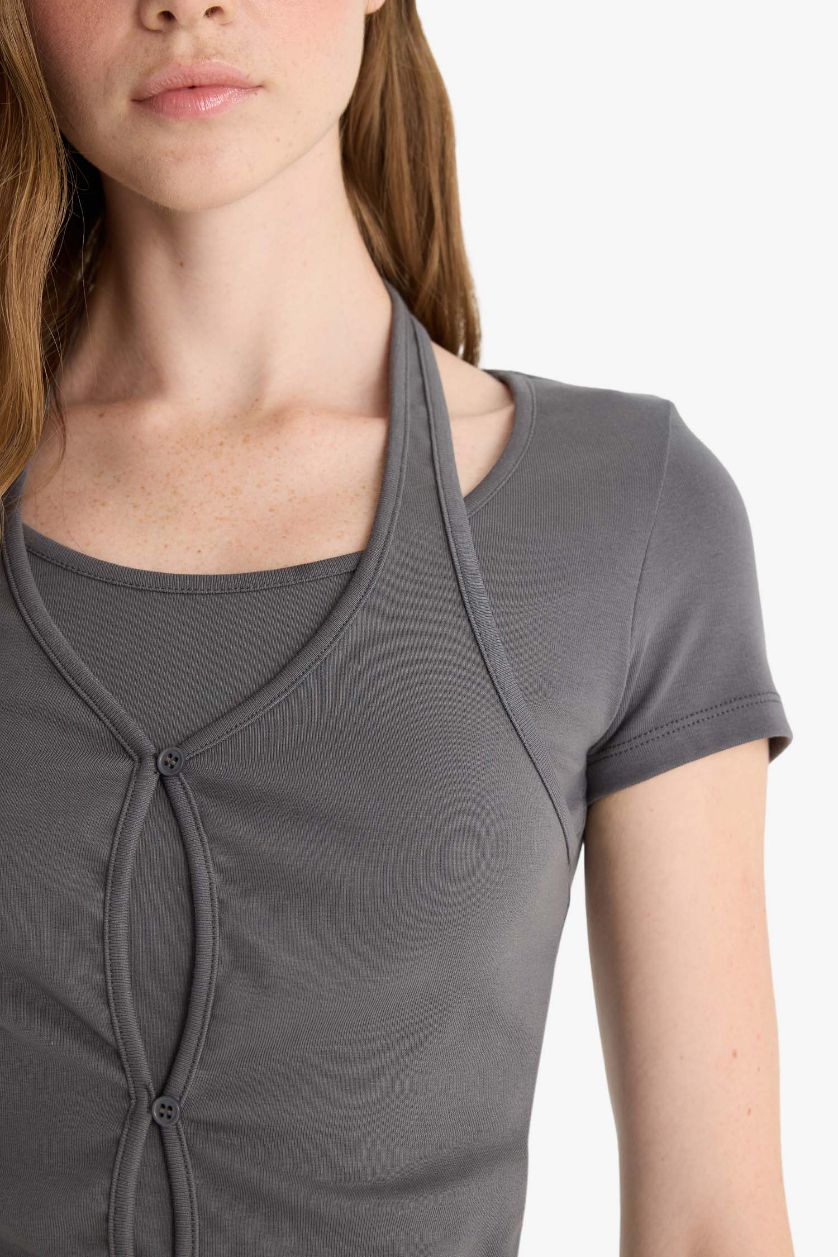 Kadın Antrasit Halter Yaka Ribana Kısa Kollu Tişört