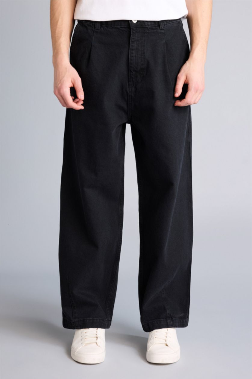 Erkek Siyah Barrel Fıt Pantolon