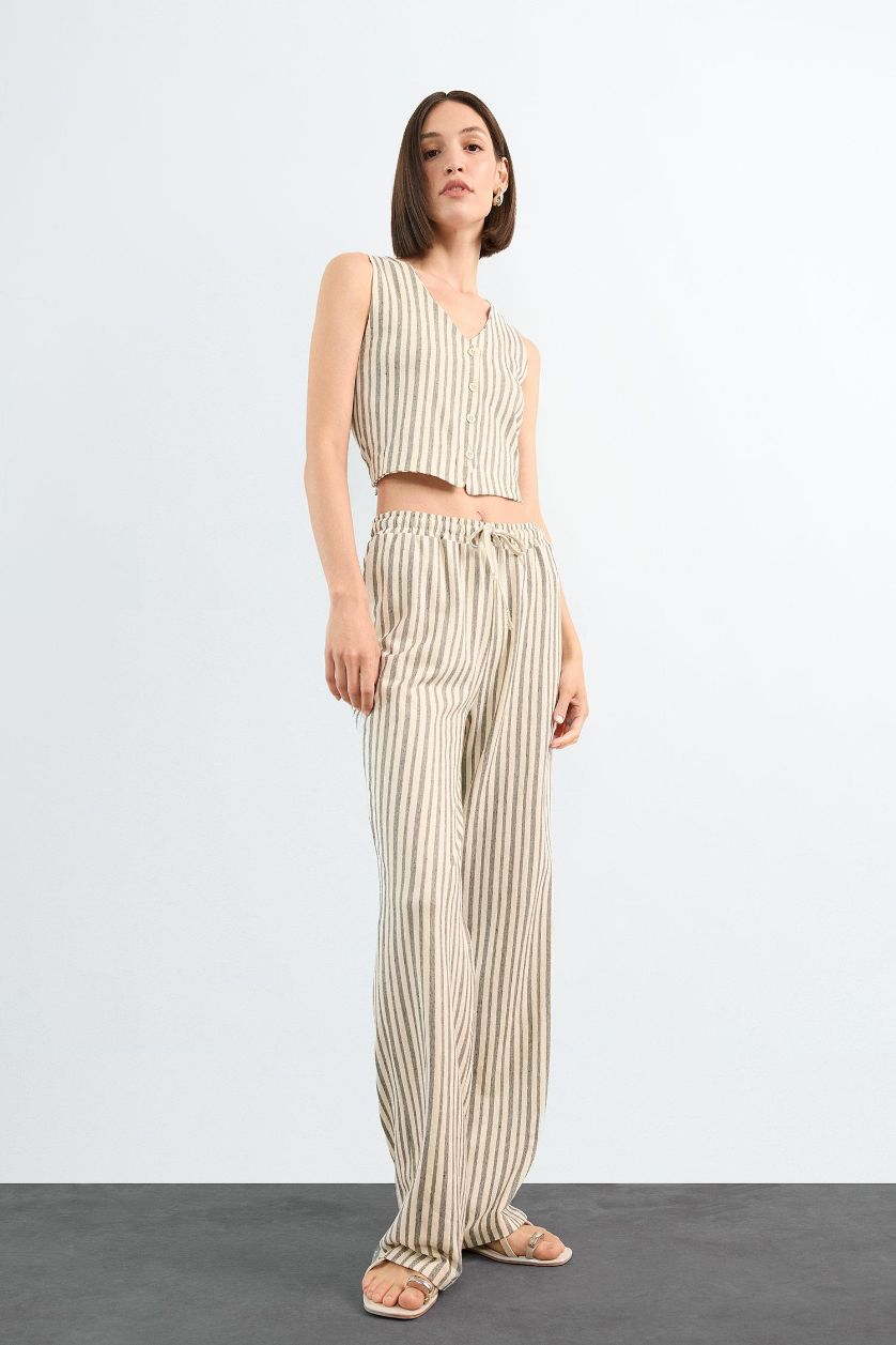 Kadın Ekru Fitted Çizgili Üç Cepli Uzun Pantolon