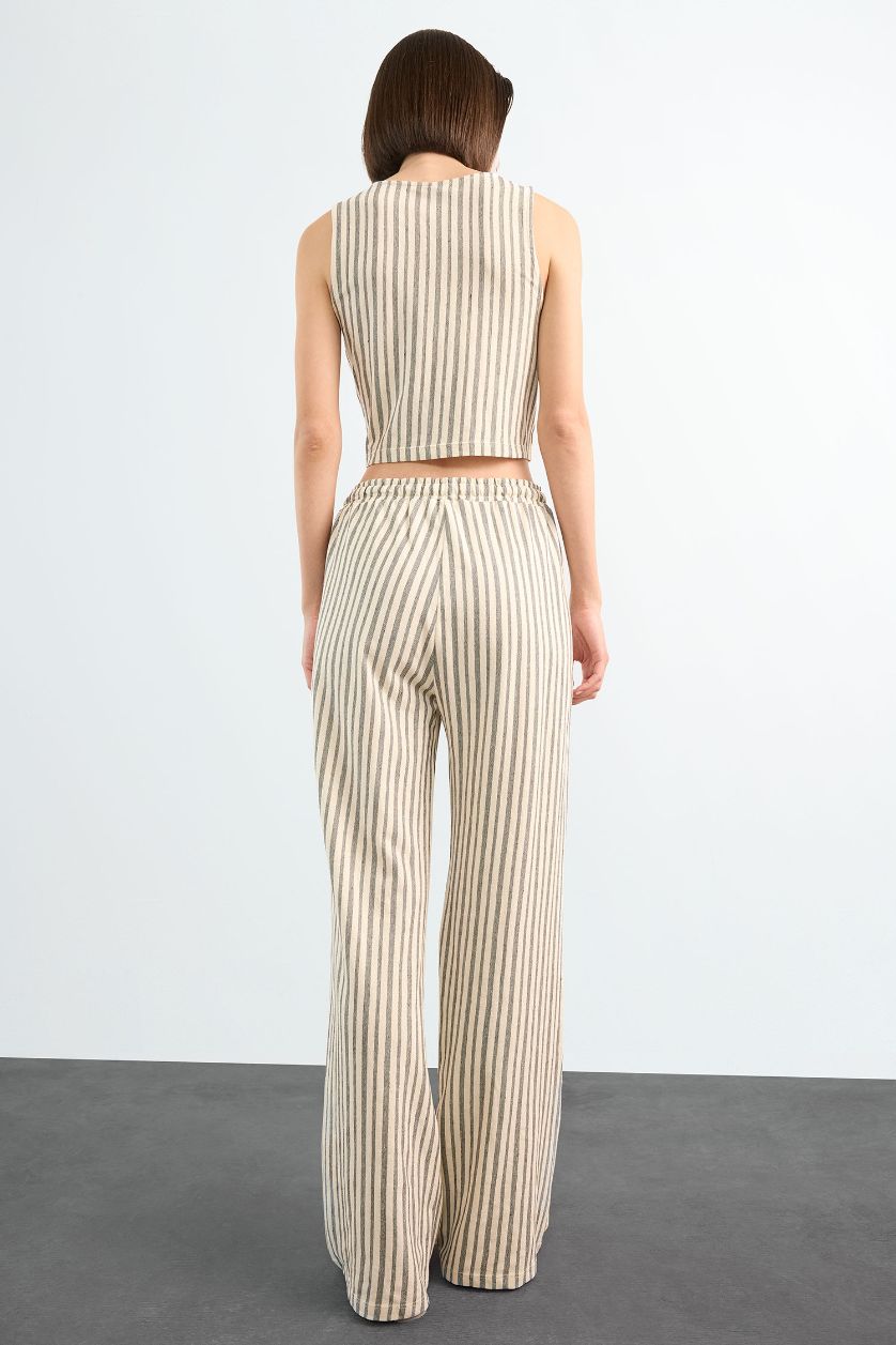 Kadın Ekru Fitted Çizgili Üç Cepli Uzun Pantolon