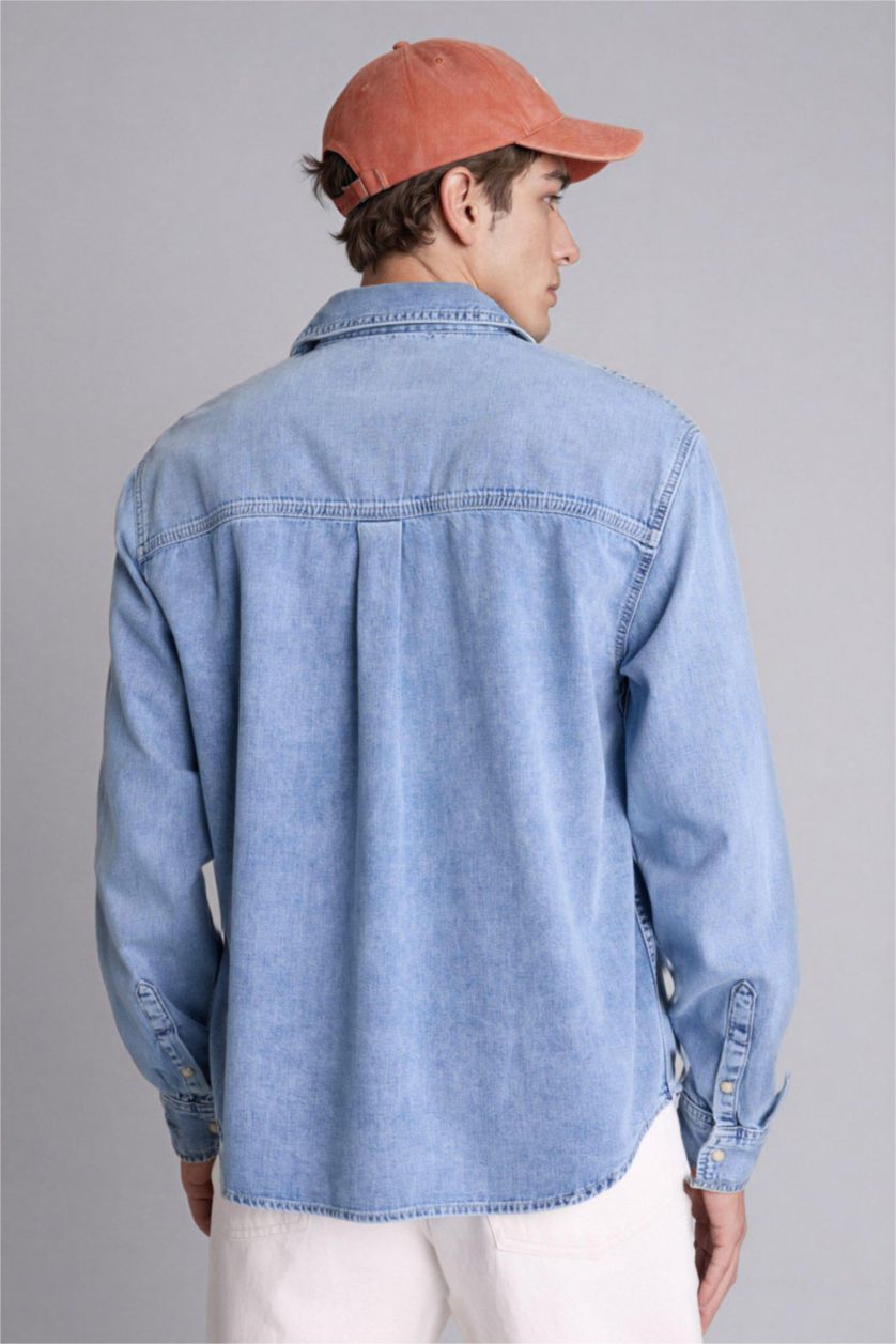 Erkek Açık Mavi Regular Fıt Pamuklu Uzun Kollu Gömlek