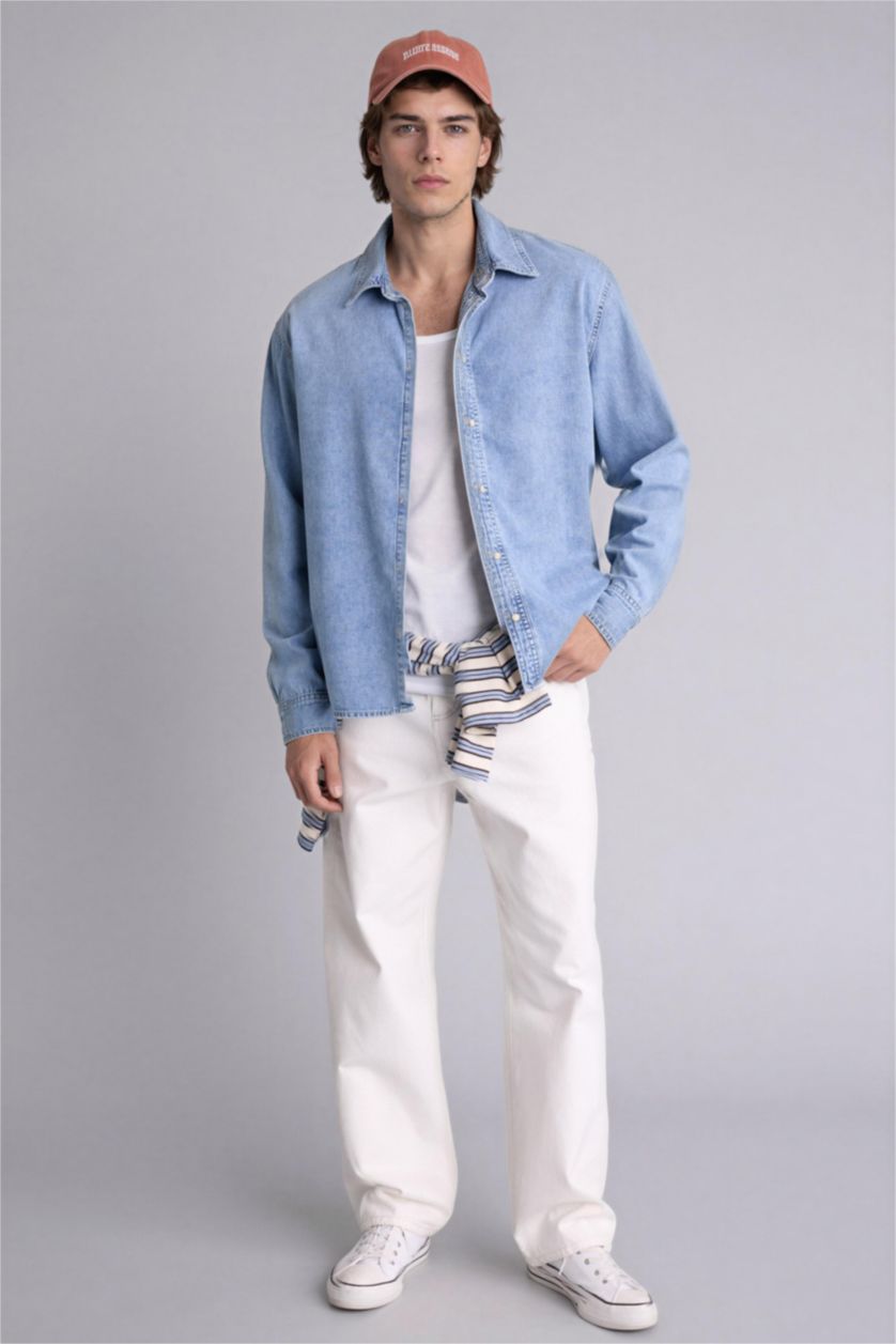 رجال أزرق فاتح قميص ردن طويل قطن قصة عادية