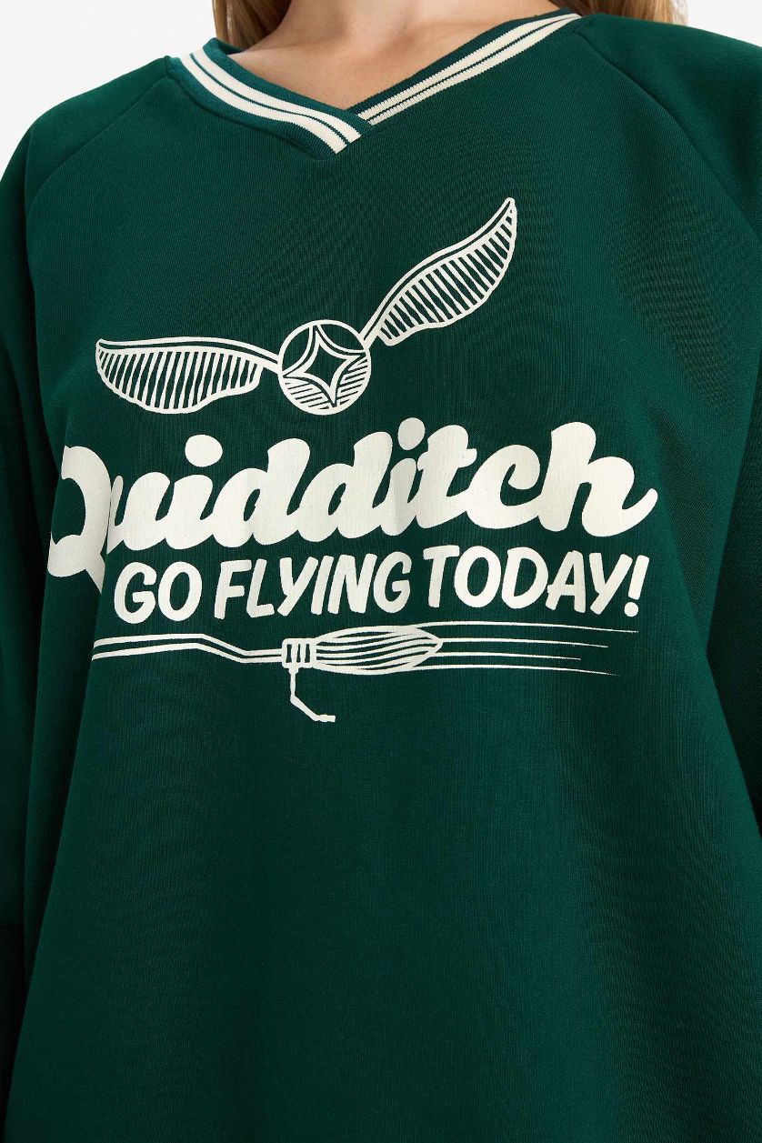 نساء أخضر سويت شيرت مطبوع اوفر سايز بياقة V