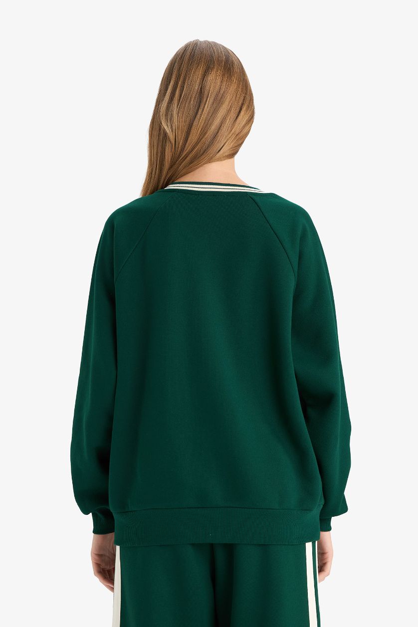 نساء أخضر سويت شيرت مطبوع اوفر سايز بياقة V