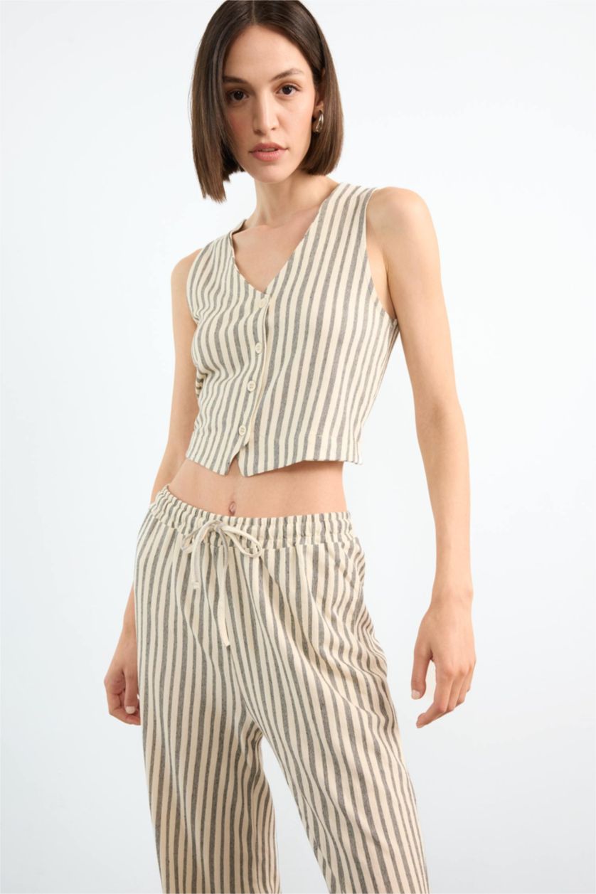 Kadın Ekru Fitted Çizgili V Yaka Blazer Yelek 