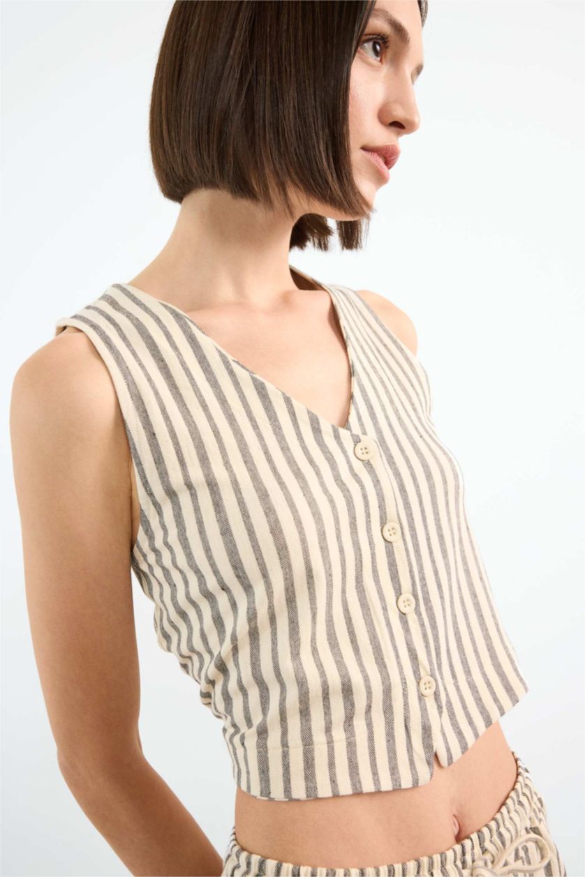 Kadın Ekru Fitted Çizgili V Yaka Blazer Yelek 