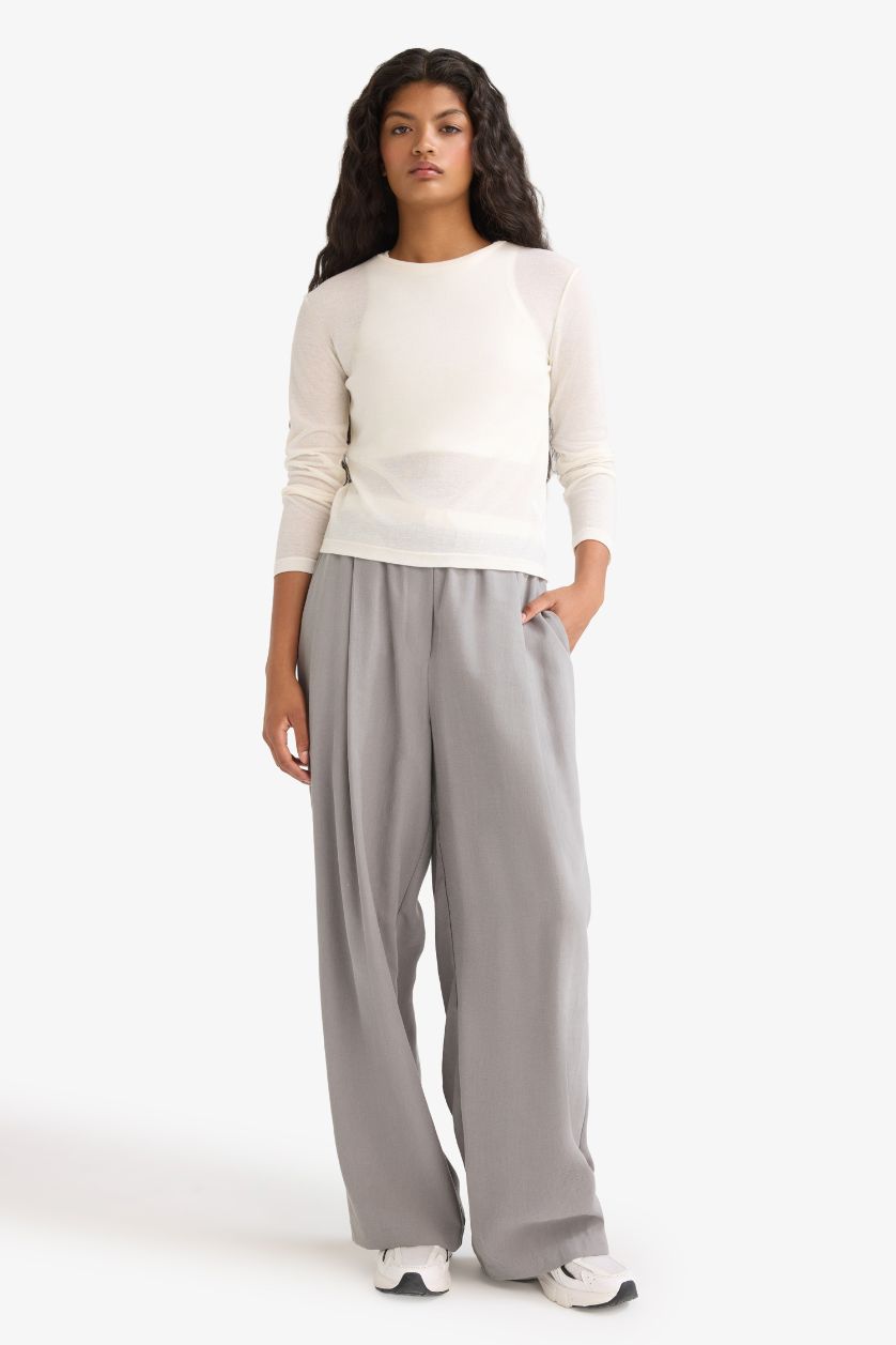 Женщины Бежевый Узкий крой футболка с круглым вырезом и длинным рукавом