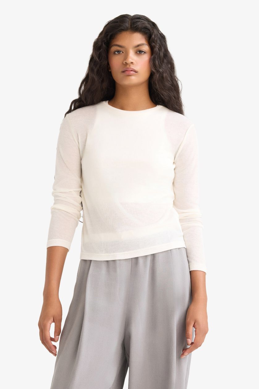 Женщины Бежевый Узкий крой футболка с круглым вырезом и длинным рукавом