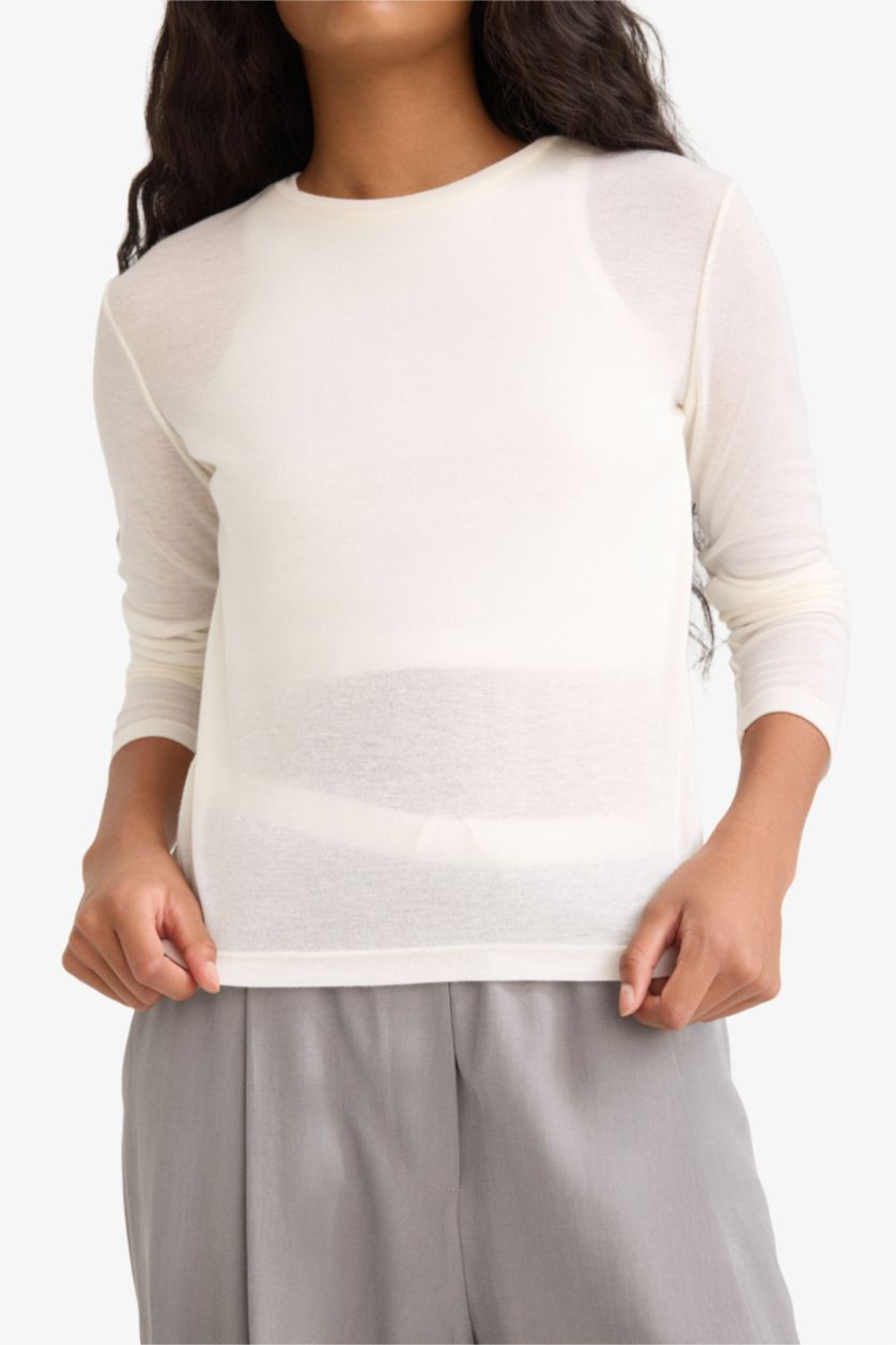 Женщины Бежевый Узкий крой футболка с круглым вырезом и длинным рукавом