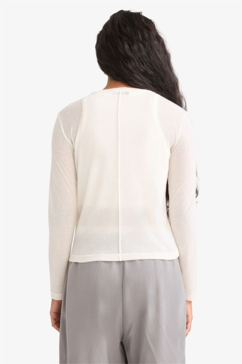 Женщины Бежевый Узкий крой футболка с круглым вырезом и длинным рукавом