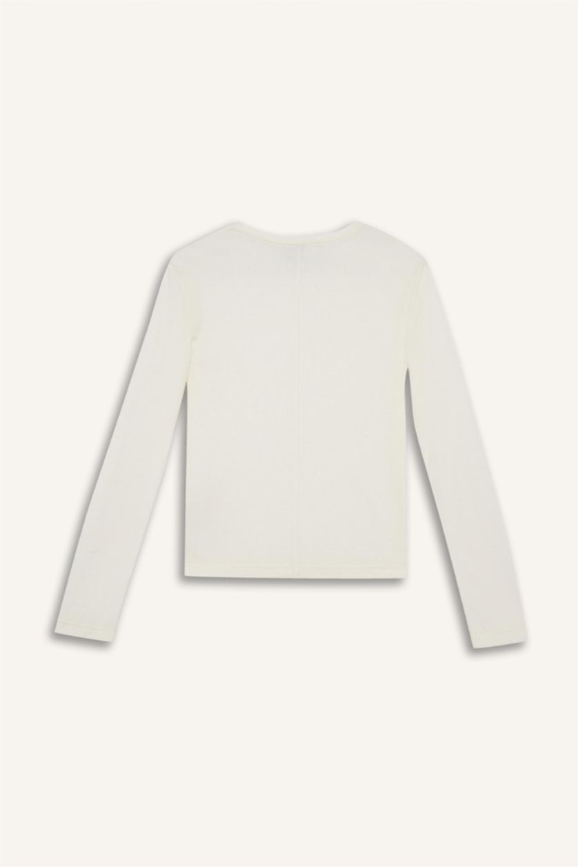 Женщины Бежевый Узкий крой футболка с круглым вырезом и длинным рукавом