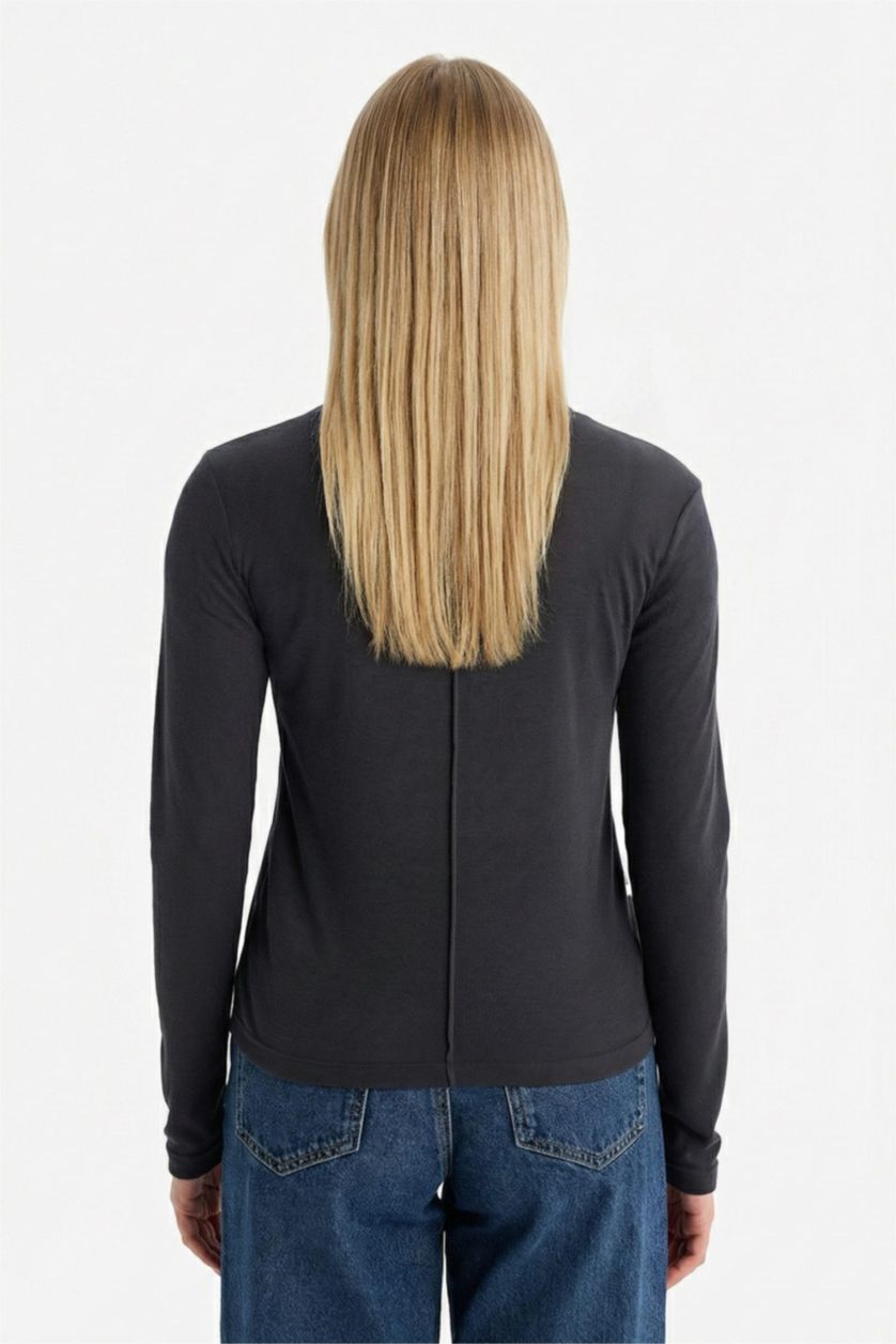 Woman Anthracite تيشيرت ردن طويل سليم فيت وياخة مستديرة